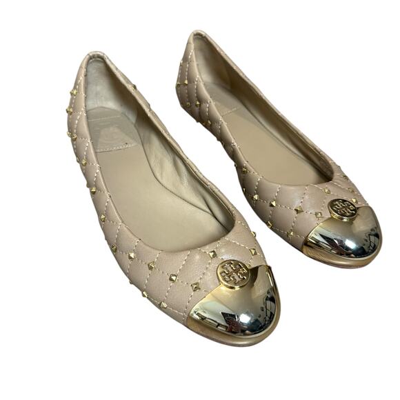 Tory Burch Kaitlin Taupe Gold Cap Toe Studded Medallion Slip On Ballet Flats 6.5 - Picture 1 of 9
